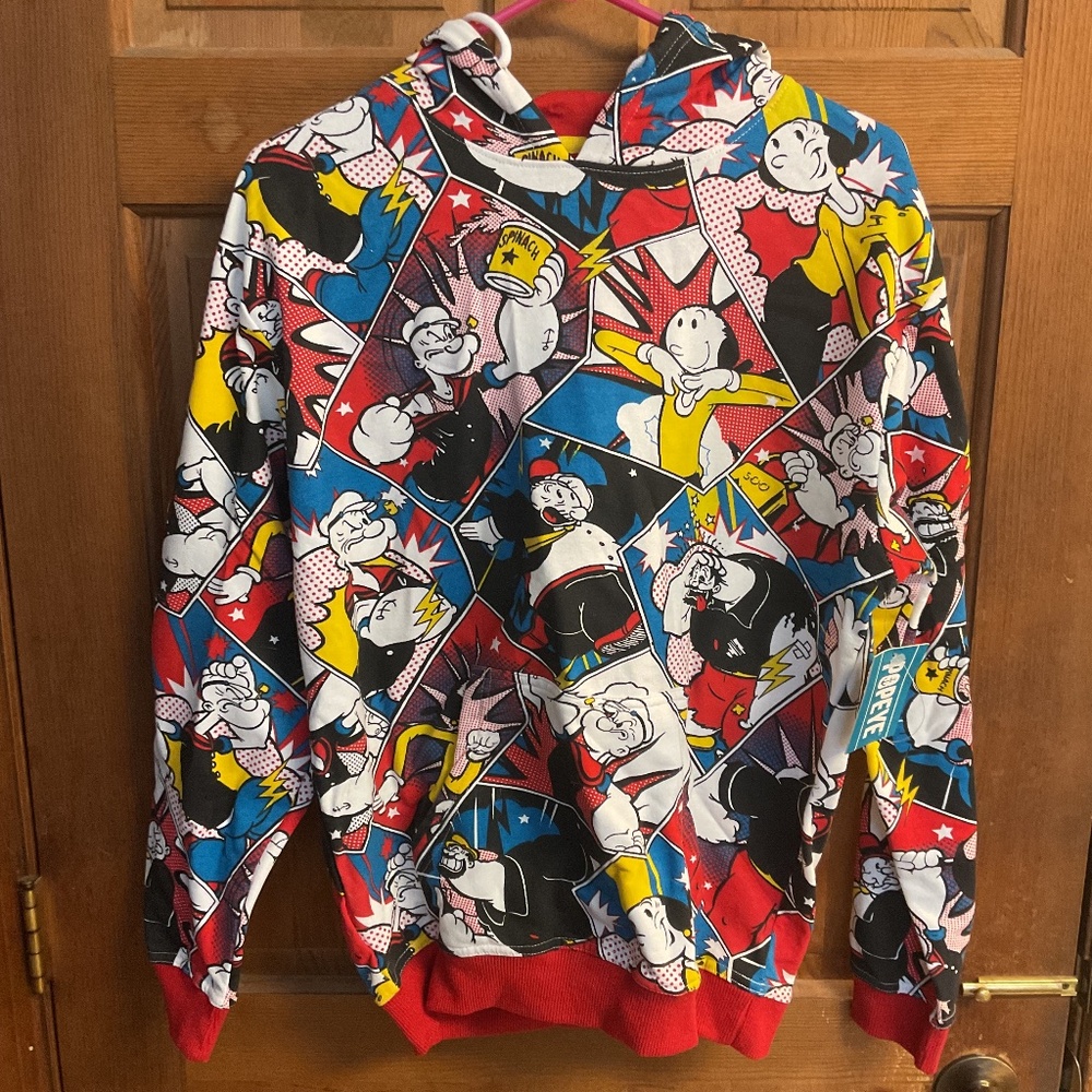 Popeye Comic Print Hoodie Sweatshirt Red Trim Cartoon Character Size M